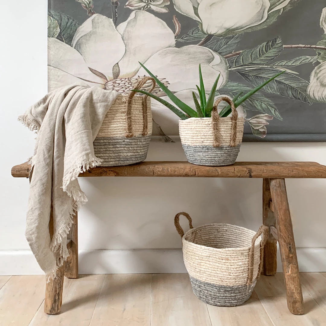 Mars And More Light Grey And Natural Rustic Basket - Small
