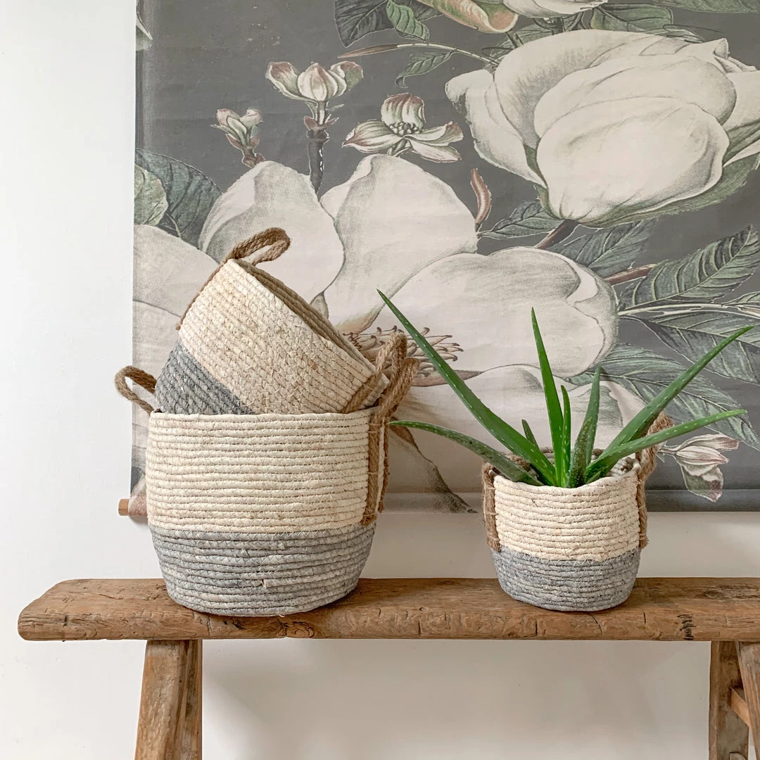 Mars And More Light Grey And Natural Rustic Basket - Small