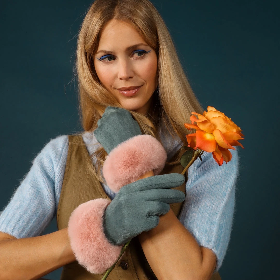 Powder Faux Fur Gloves In Denim