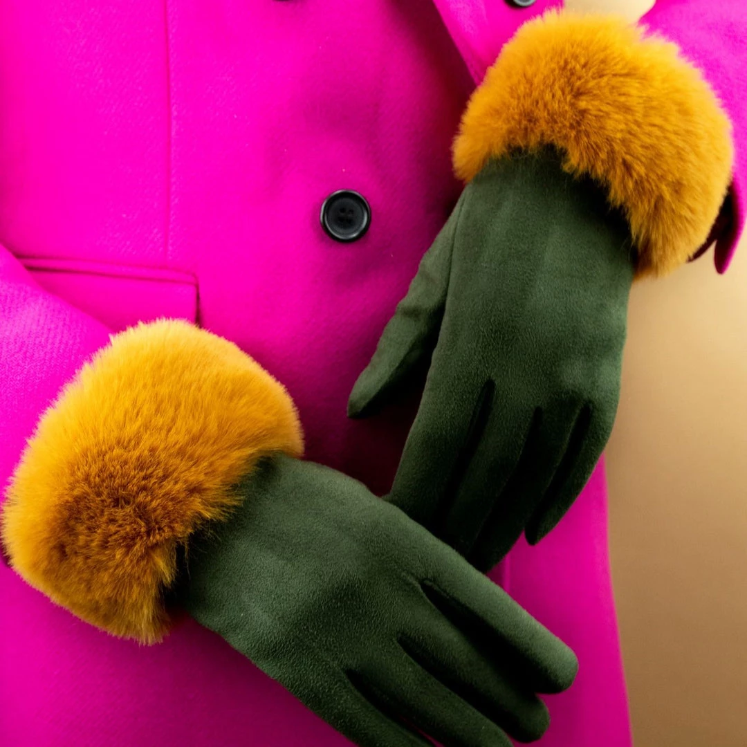 Powder Faux Fur Gloves In Olive