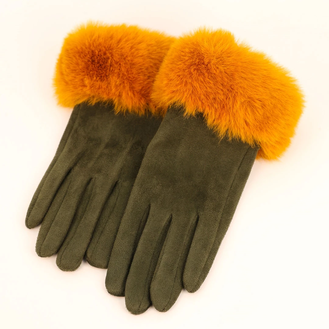 Powder Faux Fur Gloves In Olive