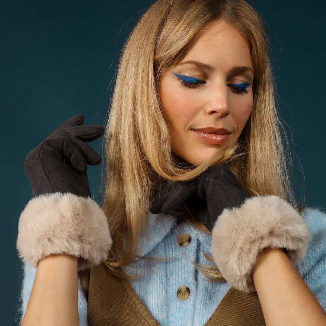Powder Faux Fur Gloves In Slate