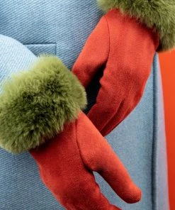 Powder Loungewear And Accessories Faux Fur Gloves In Rust
