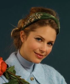 Powder Loungewear And Accessories Velvet Embellished Headband In Fern