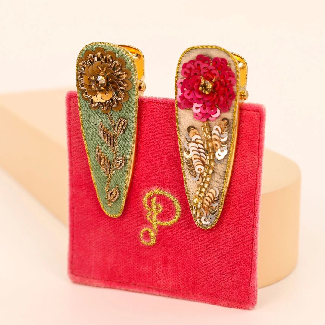 Powder Loungewear And Accessories Green And Hot Pink Floral Hairclips 2 Pack