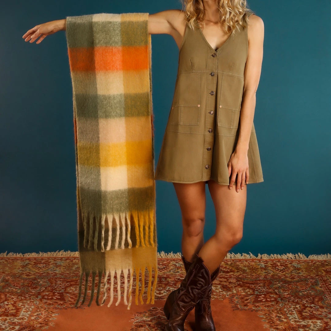 Powder Chunky Checked Tassel Scarf In Autumn Green