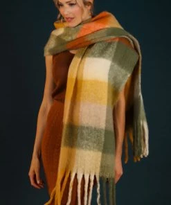 Powder Chunky Checked Tassel Scarf In Autumn Green