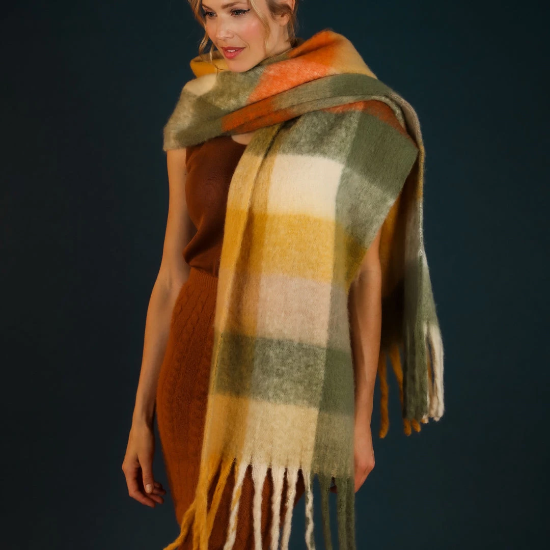 Powder Chunky Checked Tassel Scarf In Autumn Green