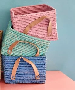 Rice By Rice Rectangle Raffia Basket In Blue Last Chance To Buy