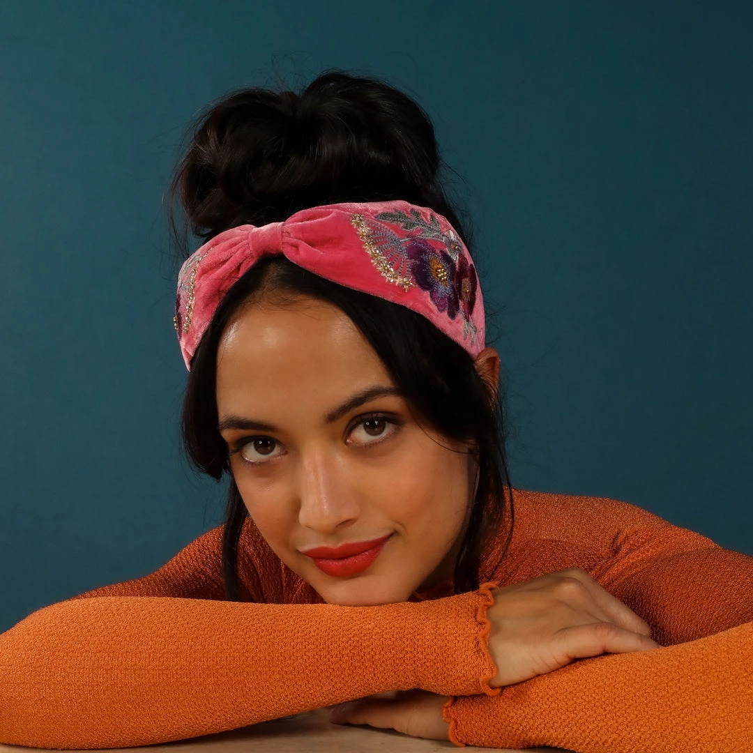Powder Embroidered Woodland Headband In Hot Pink