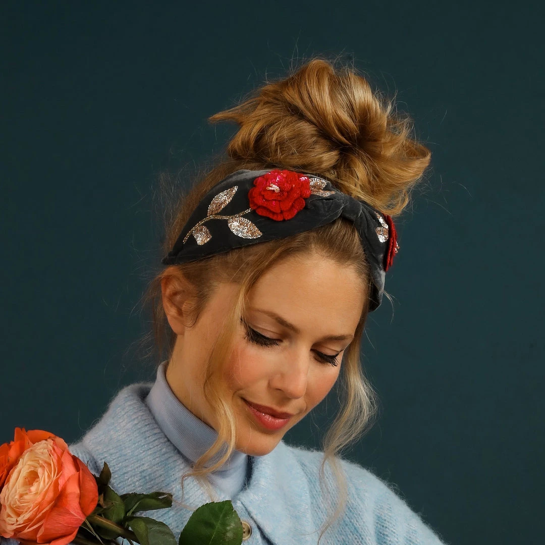 Powder Embroidered Zinnia Velvet Headband