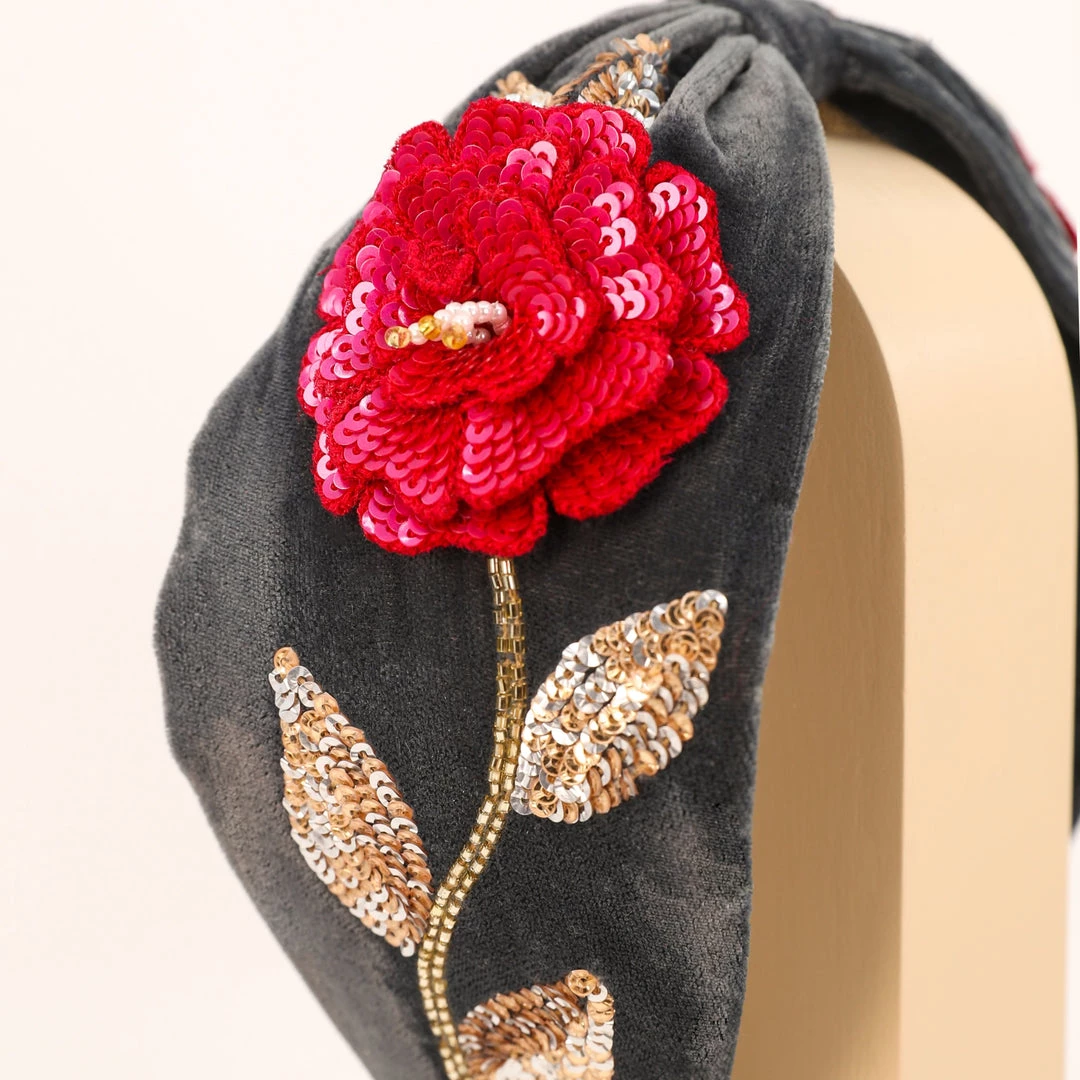Powder Embroidered Zinnia Velvet Headband