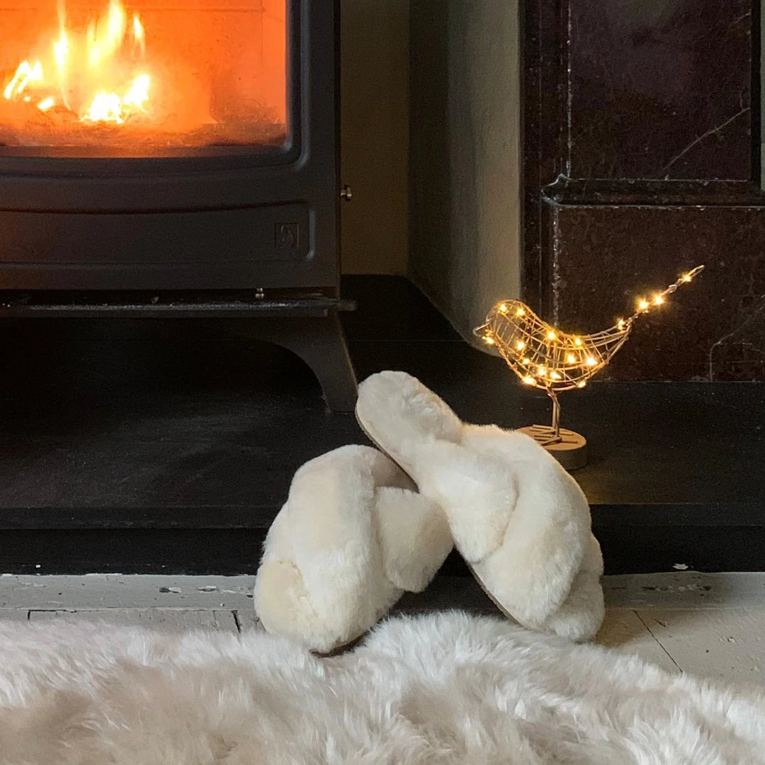 Fenland Sheepskin Crossover Slippers In Natural Last Chance To Buy